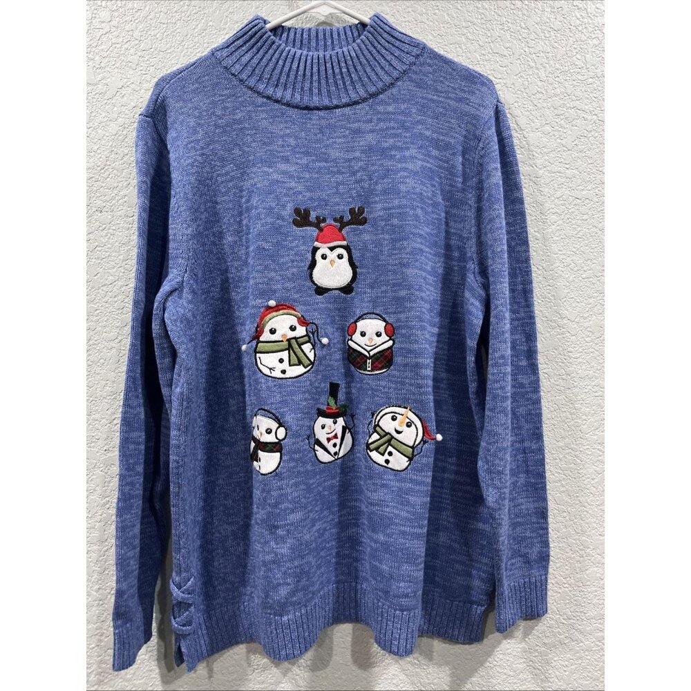 CJ Banks Sweater Size 14W Blue Snowman Penguin Christmas Holiday Festive Novelty
